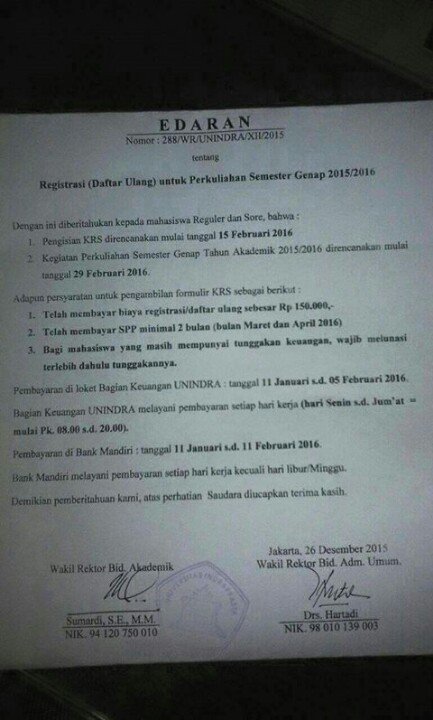 Edaran daftar ulang dan pengisian KRS UNINDRA.