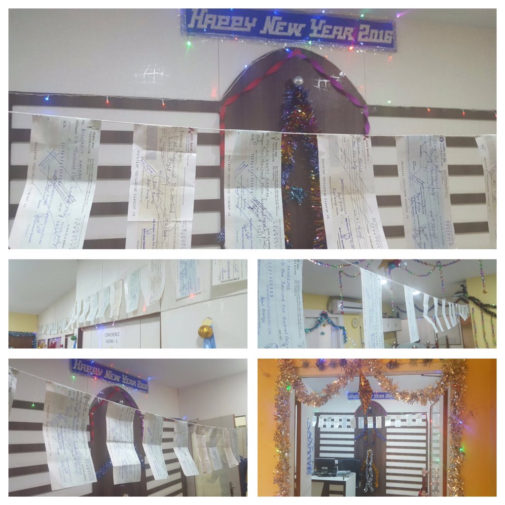 RanaSarkar's tweet photo. We r celebrating failures in 2015 decorating our office with #BouncedCheque...hope 2016 will b happier #HNY2016 😜😜😜 https://t.co/HzWMN4av6K
