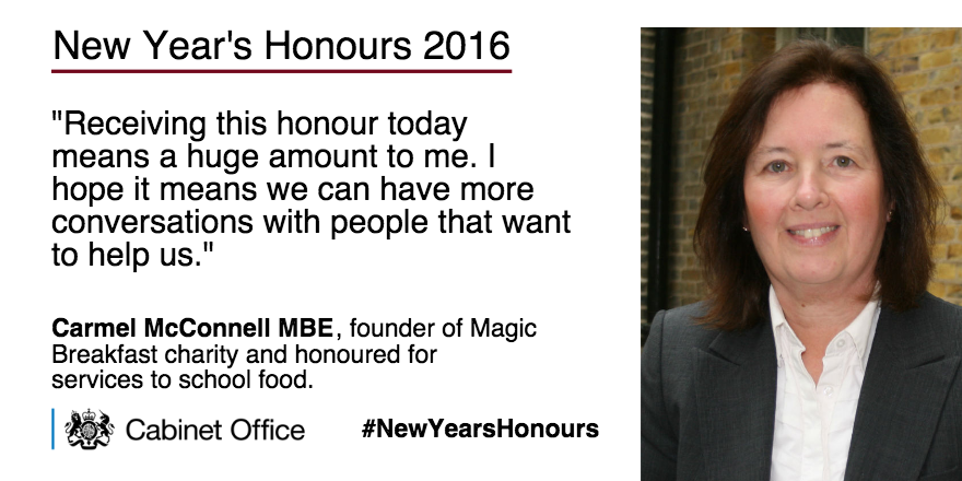 .<a href="/MagicCarmel/">Carmel McConnell MBE</a> founded <a href="/Magic_Breakfast/">Magic Breakfast</a>, delivering free healthy breakfasts for children in the UK #NewYearsHonours