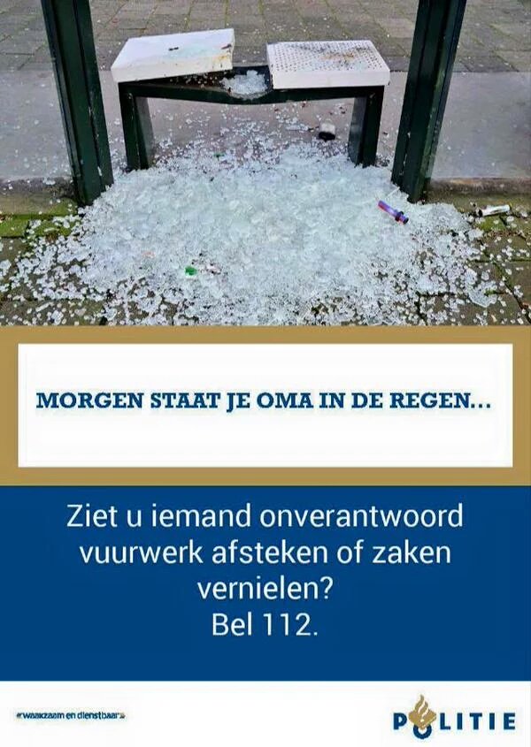 Oud en Nieuw voor sommige domoren helaas een "reden" te gaan slopen. Bel 1-1-2 als u getuige bent. #vuurwerk