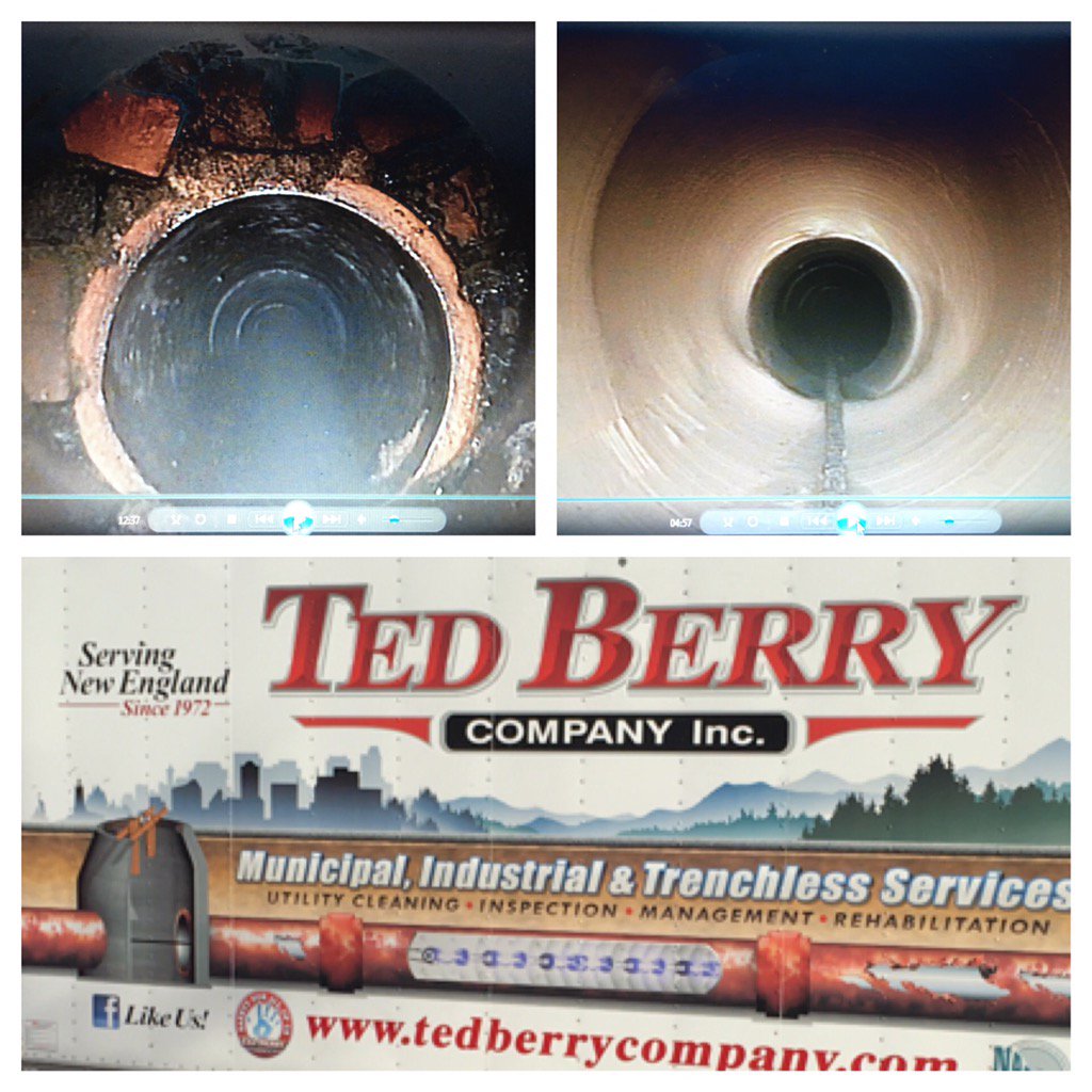 NoDigMaine's tweet photo. Before and after pictures of an 8" to 12" sectional point repair transition in a mainline sewer. #AvoidTheTrench https://t.co/xo0AqwKFvy
