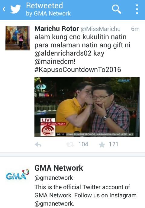 MissMarichu's tweet photo. first time!  Thank you @gmanetwork for the retweet!
@aldenrichards02 
sir Mike
#KapusoCountdownTo2016 https://t.co/dnaBUOzjtR