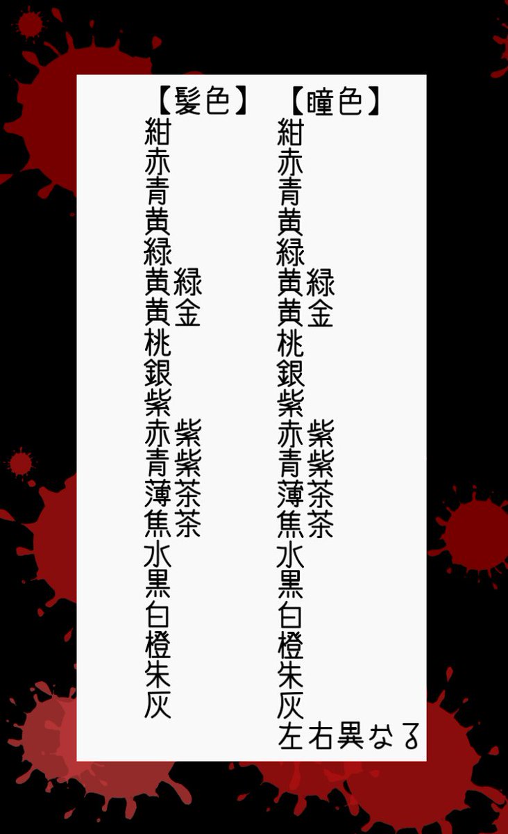 異能力マフィア抗争 一覧表 Dmにて御要望をお寄せいただいたため 診断結果の 髪色 瞳の色 の一覧をまとめさせていただきました よろしければご参考くださいませ H27 12 31現在 T Co 9hsnkbk046 Twitter 異能力マフィア抗争 一覧表 Dmにて御要望をお寄せいただいたため 診断結果の 髪色 瞳の色 の一覧をまとめさせていただきました よろしければご参考くださいませ H27 12 31現在 T Co 9hsnkbk046 Twitter