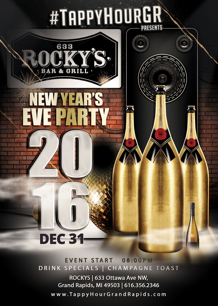 #TappyHourGR #NYE2016 NEW YEARS EVE PARTY at Rockys - TappyHourGR.Com bit.ly/1YUgaGX