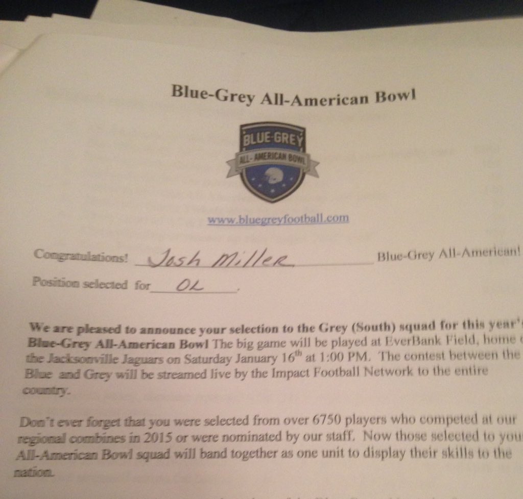 Jmillersports13's tweet photo. Selected as a Blue and Grey All American, and was invited to play in the All American Bowl at EverBank field https://t.co/TFGJZKLK4j