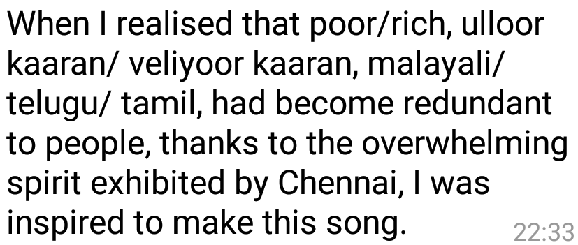 tweet2humanity's tweet photo. What inspired me to do the #TheSpiritOfChennai song? - Vikram https://t.co/xNFzXe1Z7c