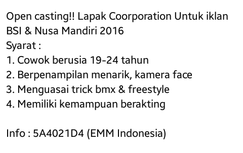 EMMIndonesia's tweet photo. Open casting Lapak Coorporation Untuk iklan BSI dan Nusa Mandiri 2016, check it out! https://t.co/1YOsWuUQUl