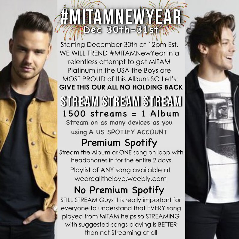 weareallthelove's tweet photo. EVERYTHING WE STREAM GIFT AND BUY STILL COUNTS
Don't stop
#MITAMNewYear #VideoMTVStars One Direction https://t.co/vqxrNxa8YC
