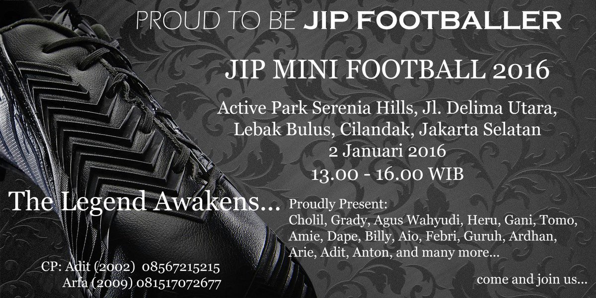 >> #acara <a href="/IMASIP_UI/">Ikatan Mahasiswa Prodi Ilmu Perpustakaan UI</a> "The Legend Awakens" 2 Jan 16
CP Arfa JIP 2009 : 081517072677