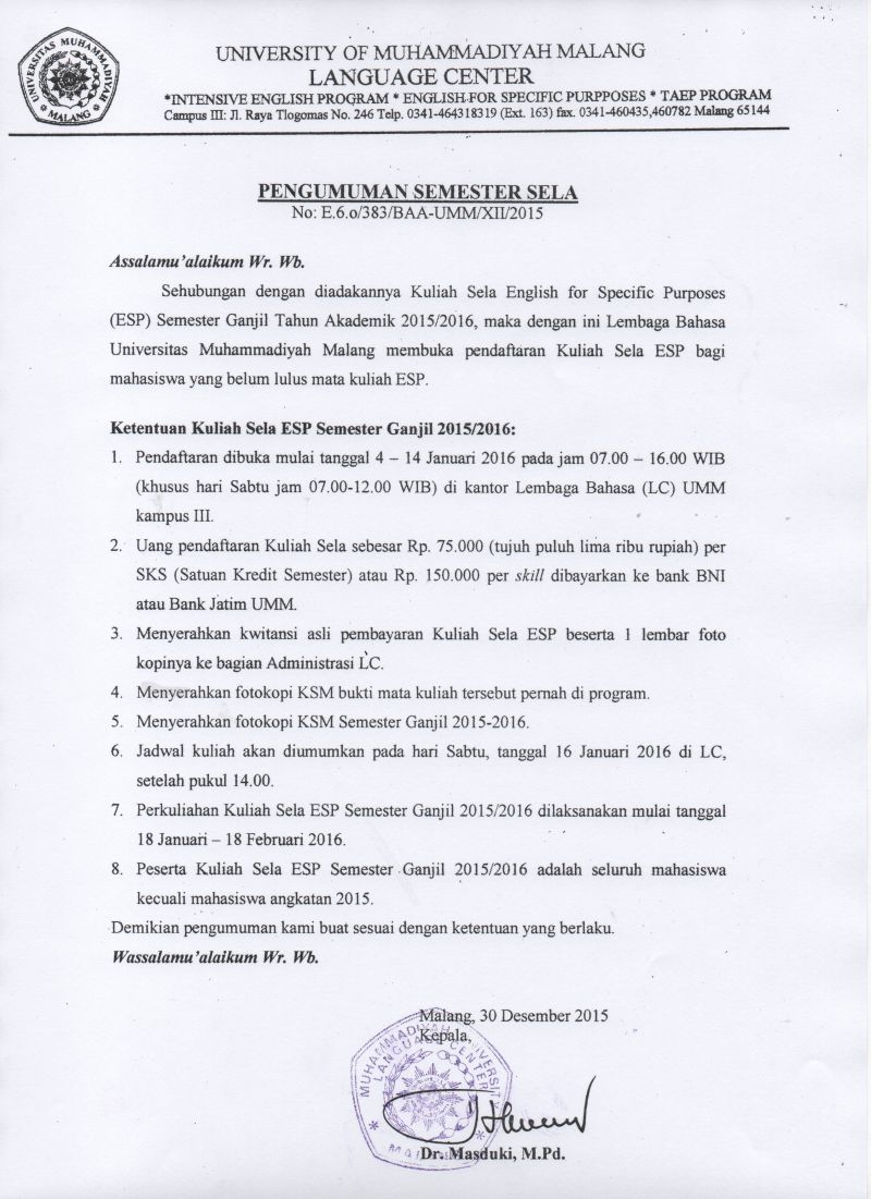PENGUMUMAN KULIAH SELA ESP LC UMM GENAP JANUARI 2015/2016
<a href="/bemfisipumm/">BEM FISIP UMM</a> <a href="/BEM_FHUMM/">BEM FH UMM</a> <a href="/BemUmm/">BEM UMM</a> <a href="/bemfkipumm/">BEM FKIP UMM</a> <a href="/bemfkumm/">BEM FK UMM</a>