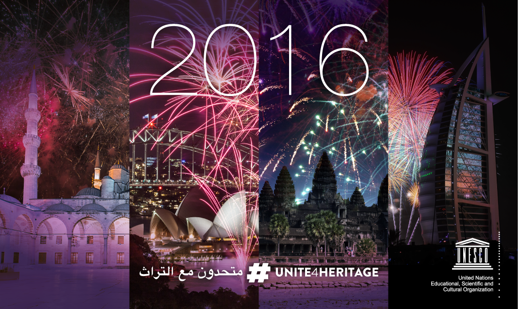UNESCO's tweet photo. Wishing you a #HappyNewYear &amp; a peaceful 2016 celebrating diversity, tolerance &amp; understanding #Unite4Heritage https://t.co/o5H5YlYPTs