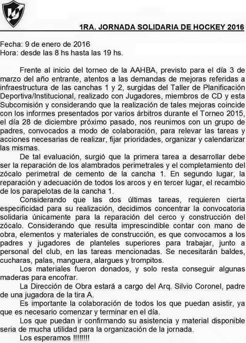 #Hockey | Este 9 de enero se desarrollara una jornada solidaria para arreglar las canchas del club. ¡Sumate!