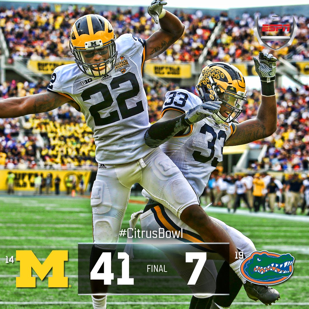 ESPNCFB's tweet photo. Michigan moves to 10-3 with victory over Florida in the #CitrusBowl. Jake Rudock 278 Yards, 3 TD. https://t.co/b0b3fm0uco