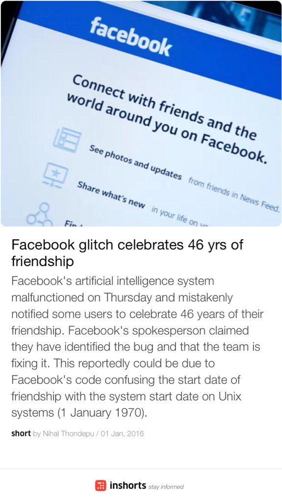 rickymohanty's tweet image. Facebook glitch celebrates 46 yrs of friendship due to #UnixTime of 1Jan 1970