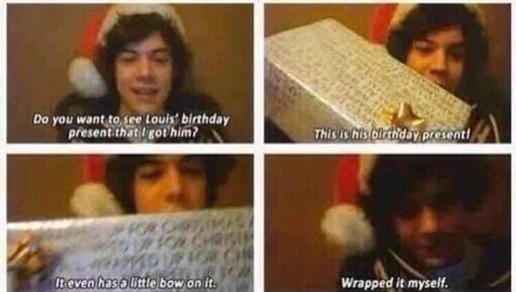rturfavemoments's tweet photo. when Harry wrapped Louis' birthday present all by himself and he was so proud of it https://t.co/3klEBVTexu