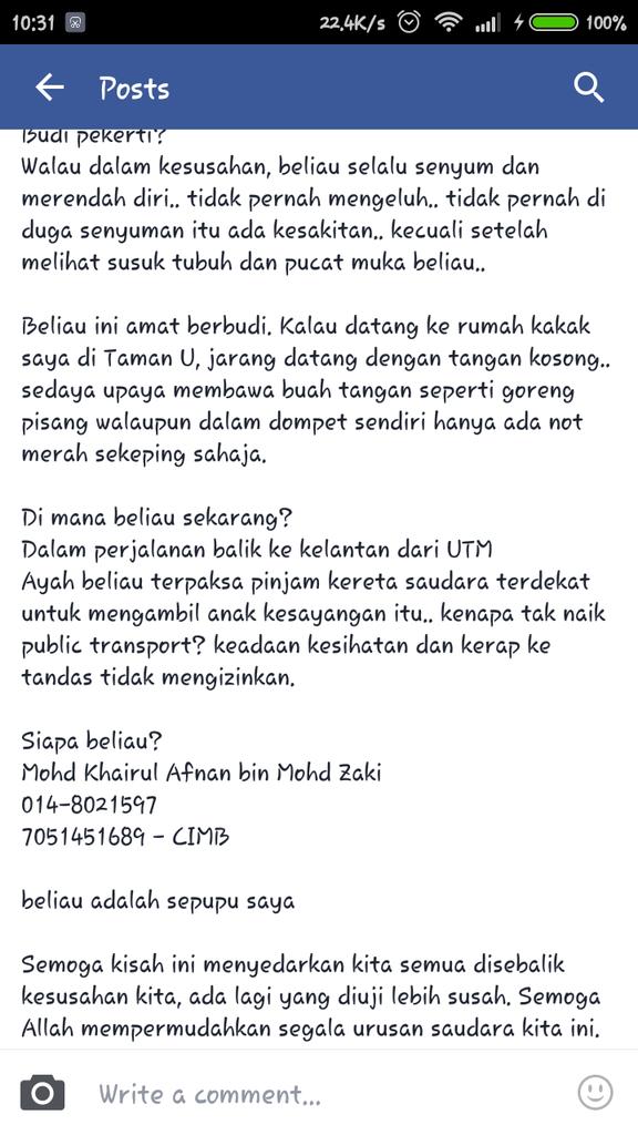 brodan_77's tweet image. Sumbangan bt Mohd Khairul Afnan b. Mohd Zaki 7051451689-CIMB
Pljr thn2 Kjuruteraan Awam UTM mghidap kanser usus thp4