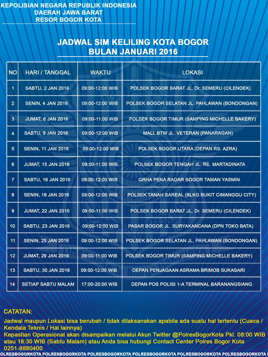 PolresBogorKota's tweet photo. Jadwal SIM Keliling untuk wilayah Kota Bogor bulan Januari 2016: https://t.co/SuVCQp8p2t