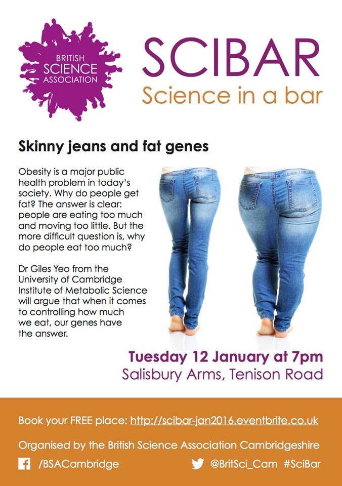 I'll be speaking 4 SciBar in Cambridge on Jan12 about #genetics of #obesity. Book now! @BritSci_Cam @BritSciAssoc