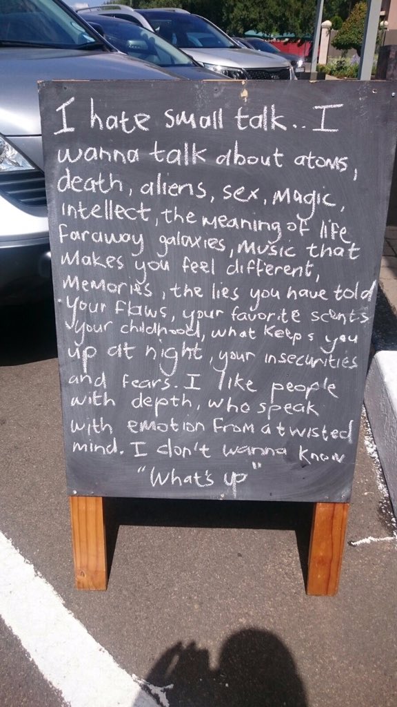 mikestopforth's tweet photo. "I hate small talk." Love this sign @ronenaires found in Linden. https://t.co/AGFgTRjatJ