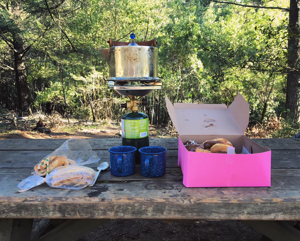 I brought the burner, teapot, mugs, and Aeropress, but I forgot the freshly ground coffee. Classic SCUMB move.