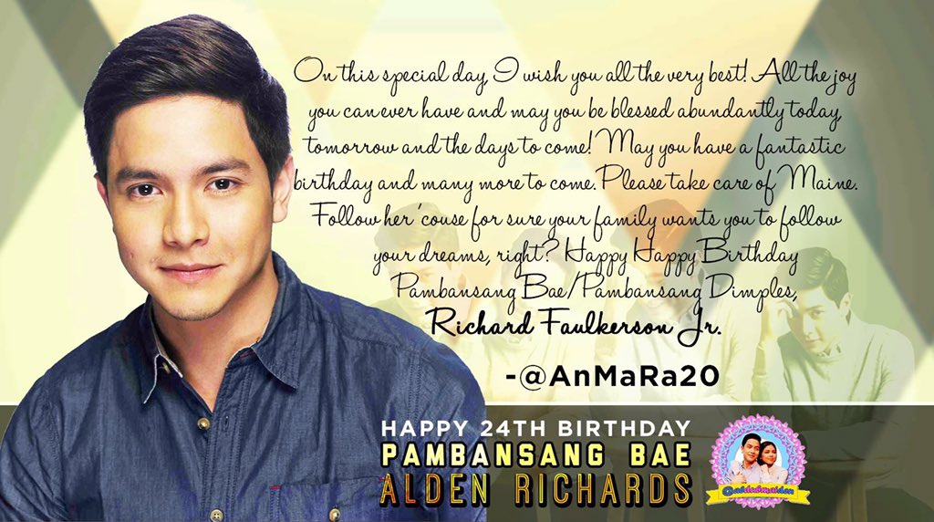 aldubmaiden's tweet photo. Birthday greetings/messages for the Pambansang Bae/Pambansang Dimple @aldenrichards02! :)
#ALDUBHappyBAEdayALDEN https://t.co/RfoxdcSQY2