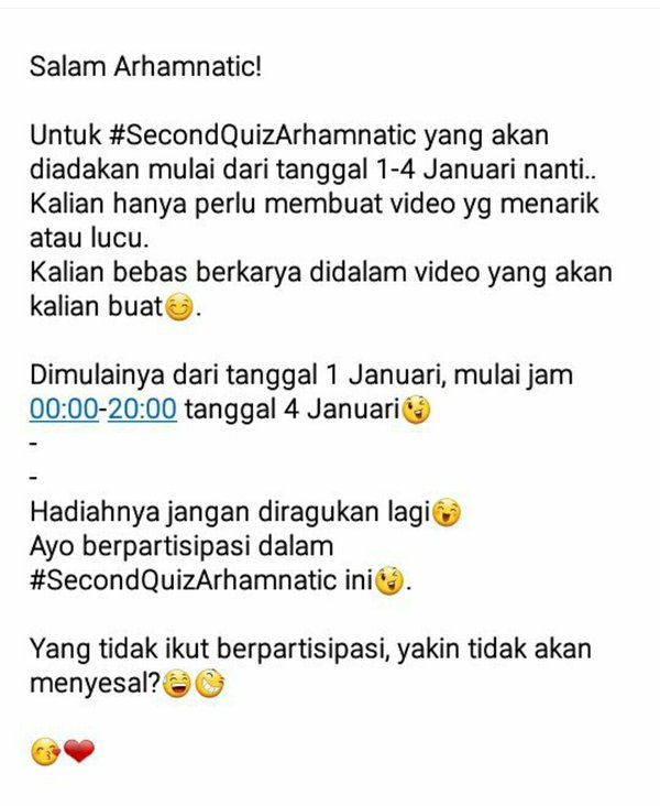 Yukk Arhamnatic ikutan quiz nya Jangan lupa pake hastag #SecondQuizArhamnatic Cc: @arhamnaticcentre <a href="/ariirham2/">Ari irham</a>
