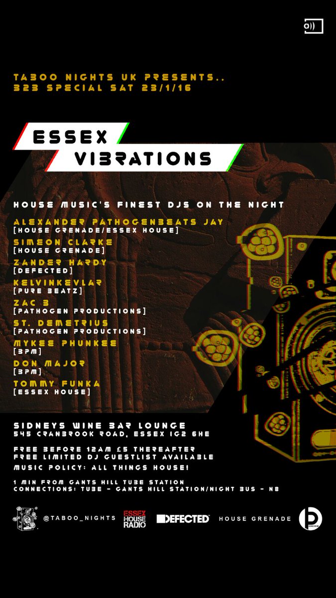 taboo_nights's tweet photo. Brand new #housemusic night 2 hit #essex free b4 12am #EssexVibrations @Sidneys Wine Bar IG2 6HE 23rd January 2016 https://t.co/D637o4jMgY