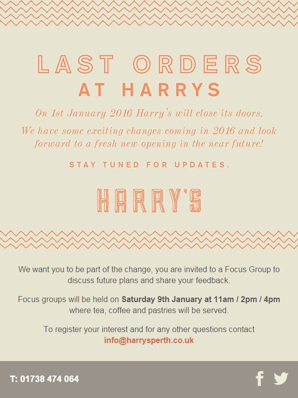 HarrysPerth's tweet photo. We want you, discuss ideas and feedback. Jan 9th 2016 11am/2pm/4pm at Harry's. TeaCoffeePastriesFREE #focusharrys https://t.co/cGeAXBZG4K