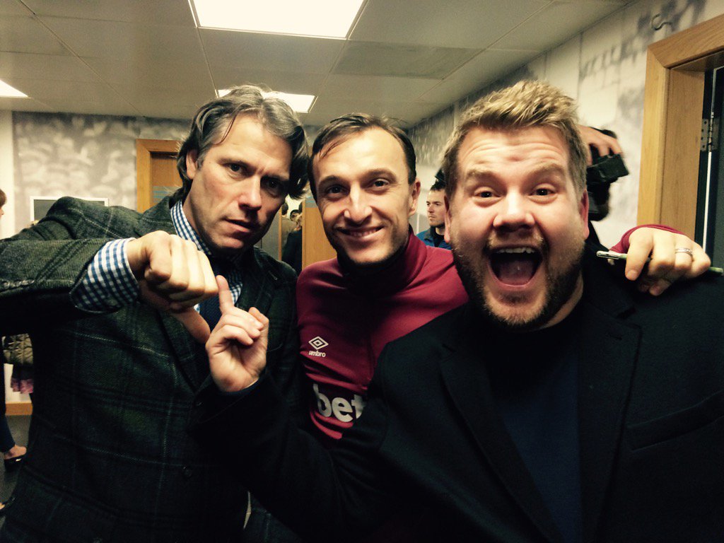 WestHam's tweet image. Contrasting emotions for @JKCorden, @Noble16Mark and @JohnBishop100 😄😪⚽️🔨