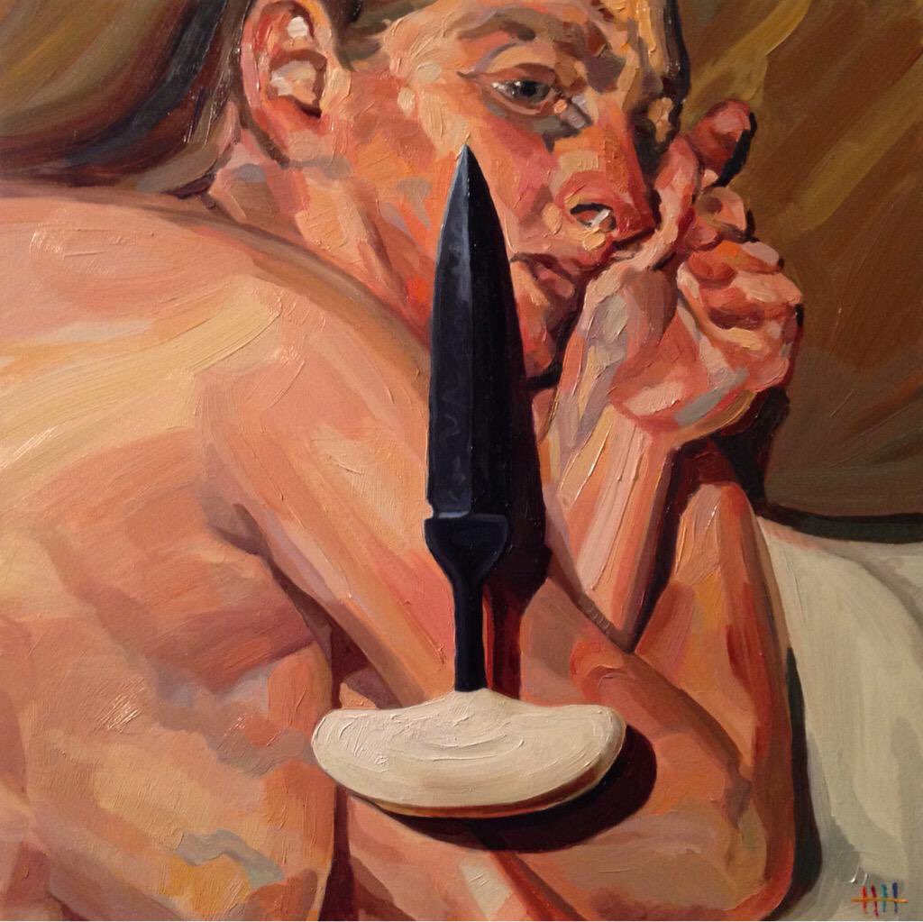 I am drawn to sharp edges. Creating should involve a bit of danger. 'Freud with Push Dagger',oil,avail. #tromploeil