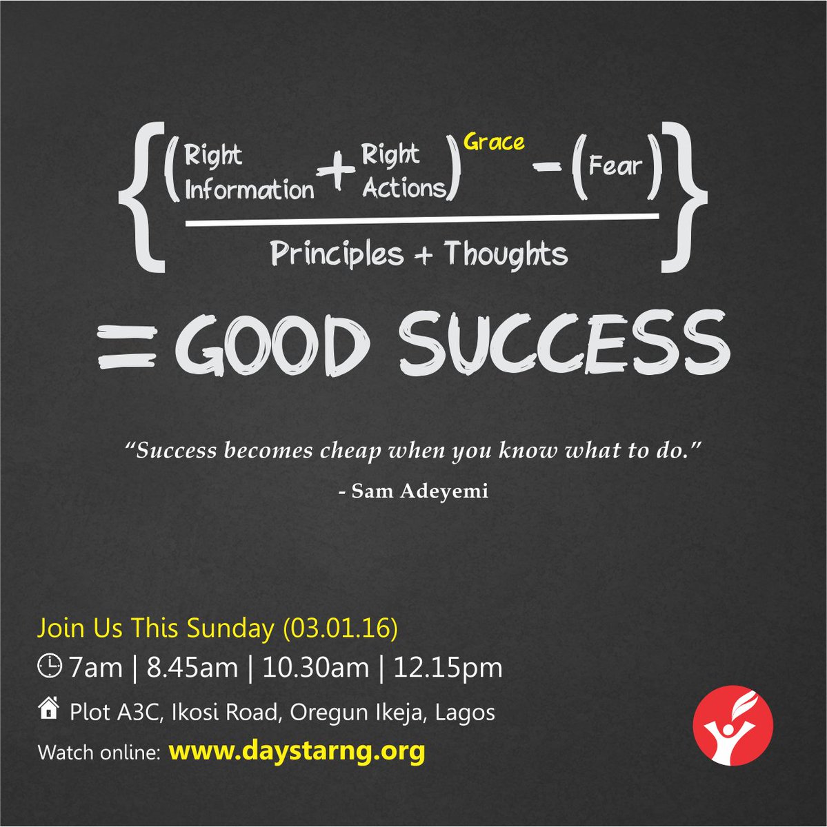 DaystarNG's tweet image. Our Senior Pastor, @sam_adeyemi concludes #Successcode tomorrow, January 3rd, 2016. Join us & bring friends along.