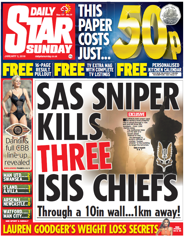 SkyNews's tweet photo. THE DAILY STAR SUNDAY FRONT PAGE: SAS sniper kills three ISIS chiefs. #skypapers https://t.co/77TRVbVrxx