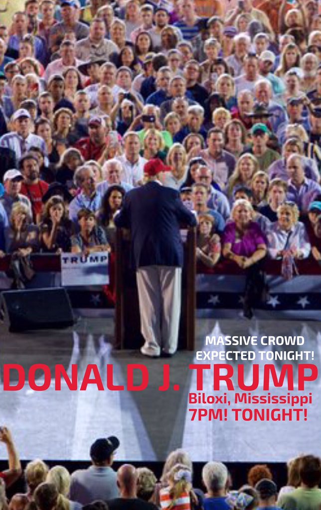 realDonaldTrump's tweet image. Heading to Biloxi, Mississippi. Massive crowds expected. Thank you for your support! #VoteTrump2016