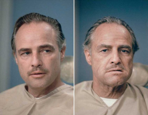 History0fLife's tweet photo. Marlon Brando before and after getting his make up done to be Don Vito Corleone in The Godfather. https://t.co/UADzAuh7e1