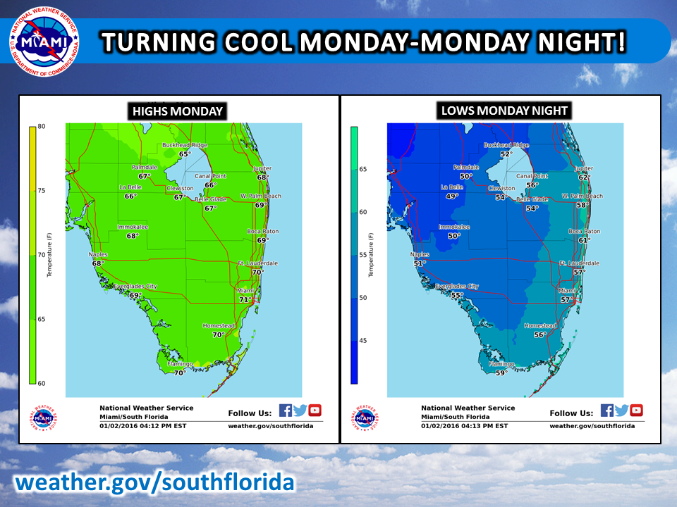 NWSMiami's tweet image. Coolest air of the winter season so far arrives Mon-Mon night after a rainy Sunday night! #SoFla #flwx