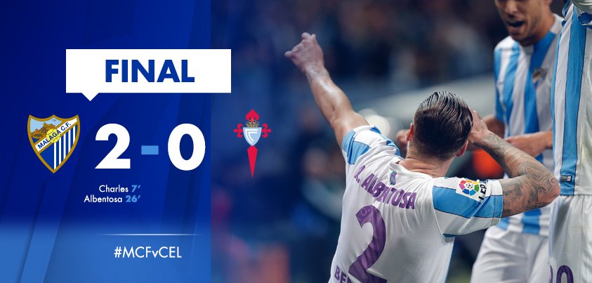 MalagaCF's tweet photo. FINAL| ¡Cuarta victoria consecutiva! #MálagaCF, 2 (@Charlesbrau9, 7'; @RAlbentosa, 26') - #RCCelta, 0. #MCFvCEL https://t.co/4aLdbTfkDv