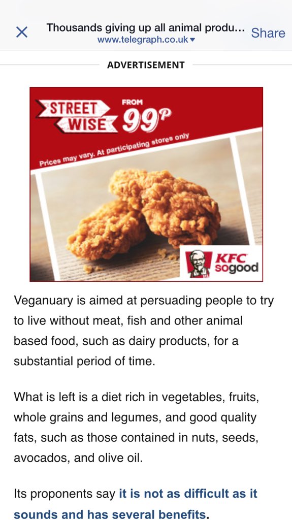 HippieCub's tweet photo. #KFC advert in the middle of an article about #Veganuary keep it classy @Telegraph ! #govegan #emptythecages 🐥🐣🐔 https://t.co/82VgBntVr3