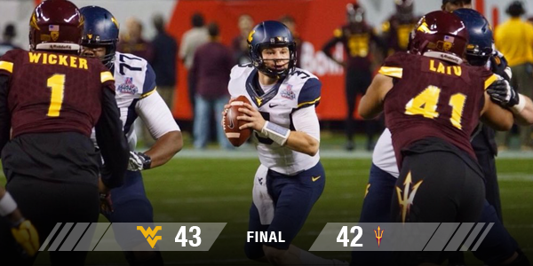 WVUfootball's tweet photo. The Mountaineers are @Cactus_Bowl Champions! West Virginia defeats Arizona State, 43-42. 🌵 #HailWV https://t.co/MyH03G5eJS