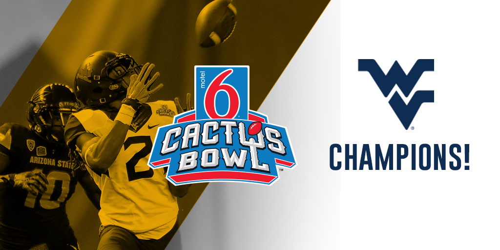 WVUfootball's tweet photo. The Mountaineers are @Cactus_Bowl Champions! West Virginia defeats Arizona State, 43-42. 🌵 #HailWV https://t.co/MyH03G5eJS