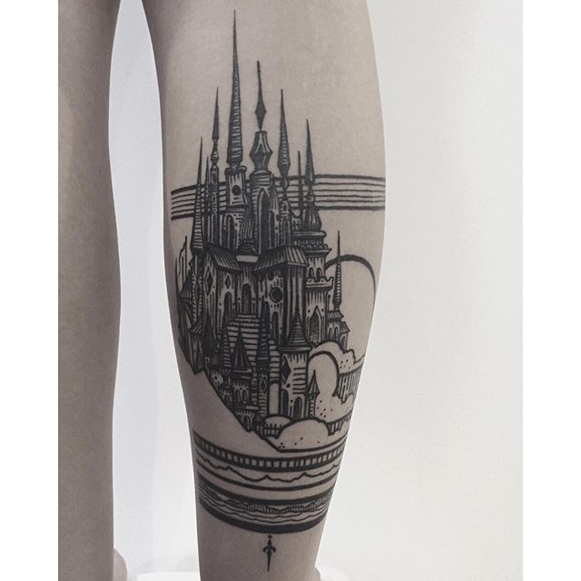 Medieval castle tattoo art. Ancient castle on the mountain. Symbol of the  fairy tale, dream, magic. Medieval castle t-shirt design Stock Vector |  Adobe Stock