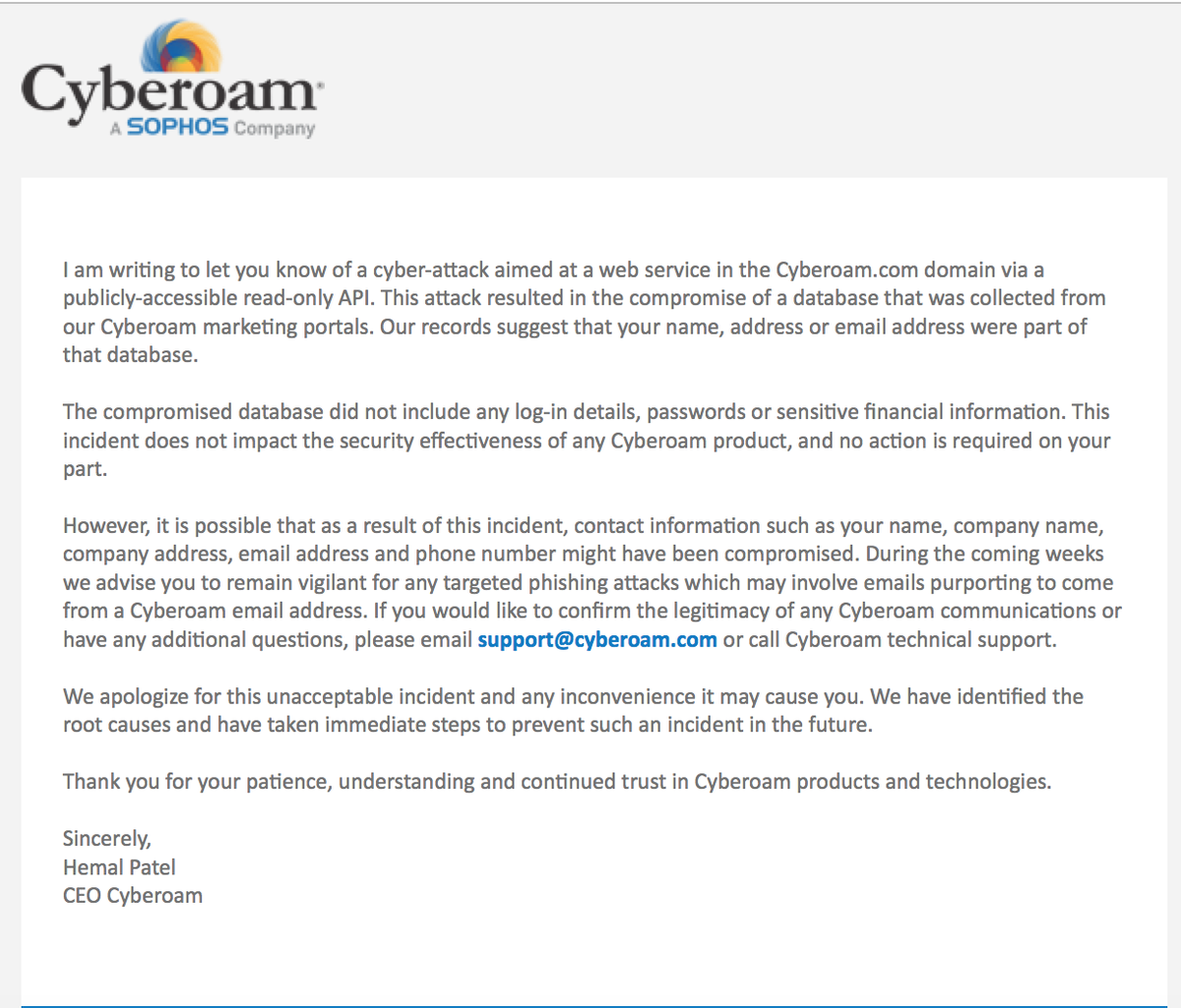 lawwait's tweet photo. He recibido un correo de @cyberoam sobre un posible robo de su base de datos de marketing. Ojo al #phishing! https://t.co/IZNVzNXbOW