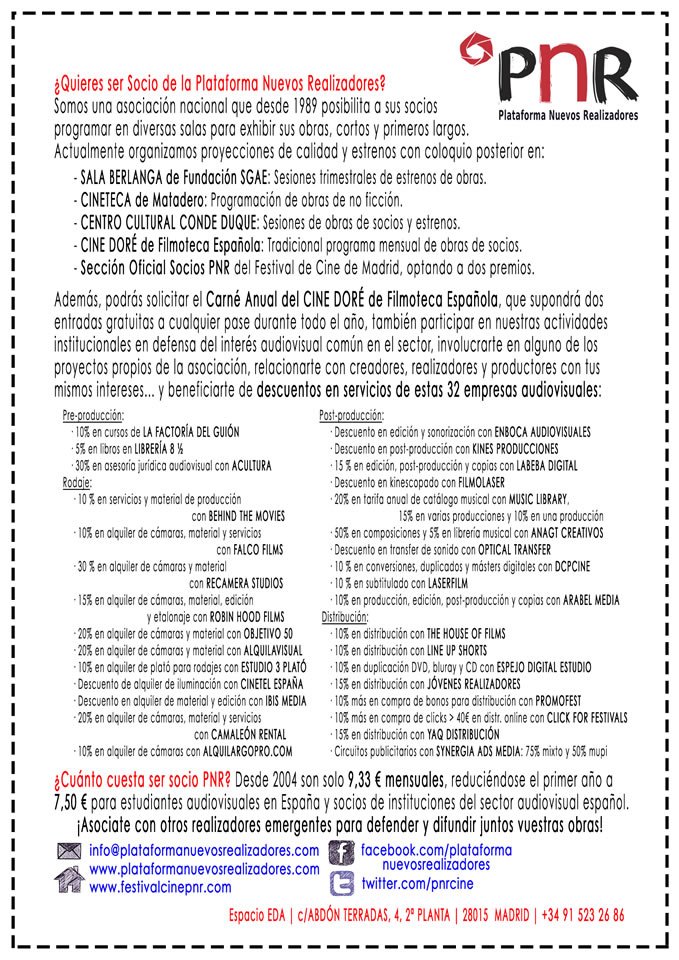 Feliz 2016 
<a href="/FalcoFilms/">Falco Films</a> <a href="/RecameraStudios/">Recamera Studios S.L</a> <a href="/dcpcine/">DCPCINE</a> <a href="/theHouseOfFilms/">The House of Films</a> <a href="/Libros8ymedio/">Ocho y Medio</a> <a href="/AlquilarGoPro/">AlquilarGoPro</a> <a href="/jrealizadores/">Jóvenes Realizadores</a>