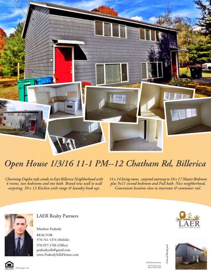 PEABODYEnt's tweet image. #OPENHOUSE TODAY 11-1PM. Units available for $1350 each. 12 Chatham Rd #Billerica #MA #PeabodySells @LAERRealty 🏡