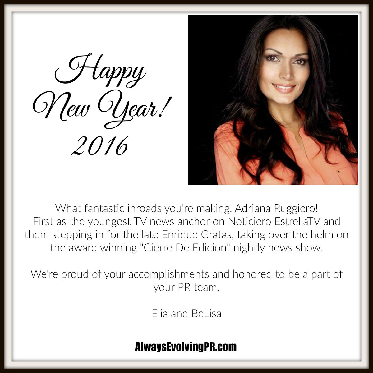 Always Evolving PR thanks our fabulous clients. We look forward to a great 2016! #alwaysevolvingpr