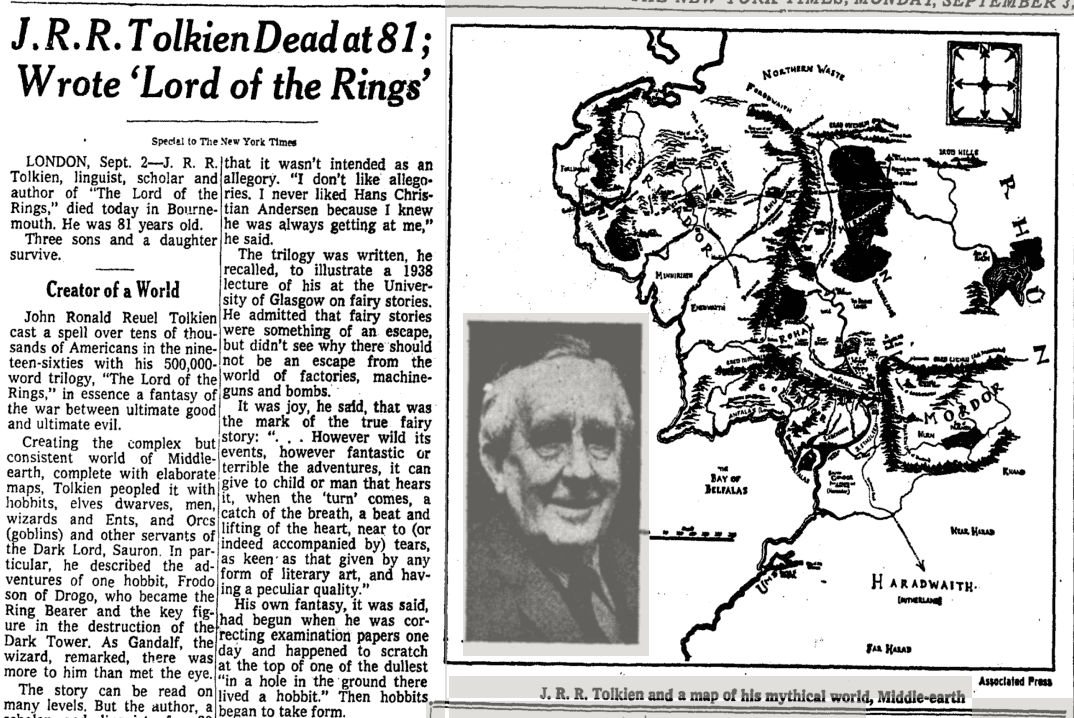 J.R.R. Tolkien was born on this day in 1892. His 1973 obituary: timesmachine.nytimes.com/timesmachine/1…