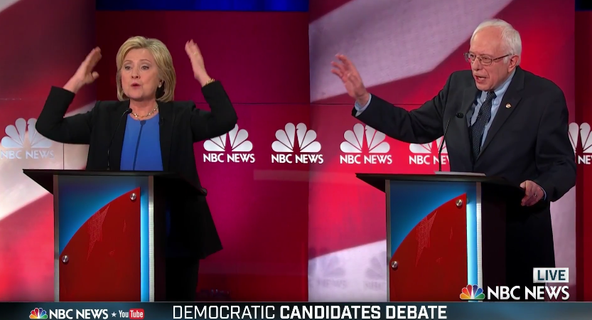 splinter_news's tweet photo. The decibel levels have gotten as high as Hillary's arms here #DemDebate https://t.co/RsYUDeSmHN
