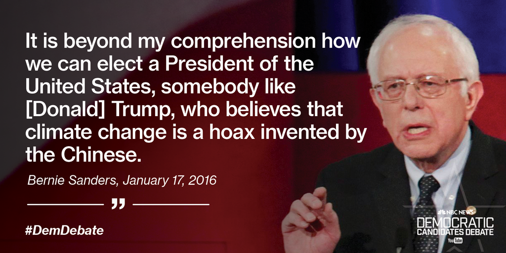 NBCNightlyNews's tweet photo. Bernie Sanders comments on the presidency, Donald Trump and beliefs about climate change. #DemDebate https://t.co/ZNoPYzr3cp