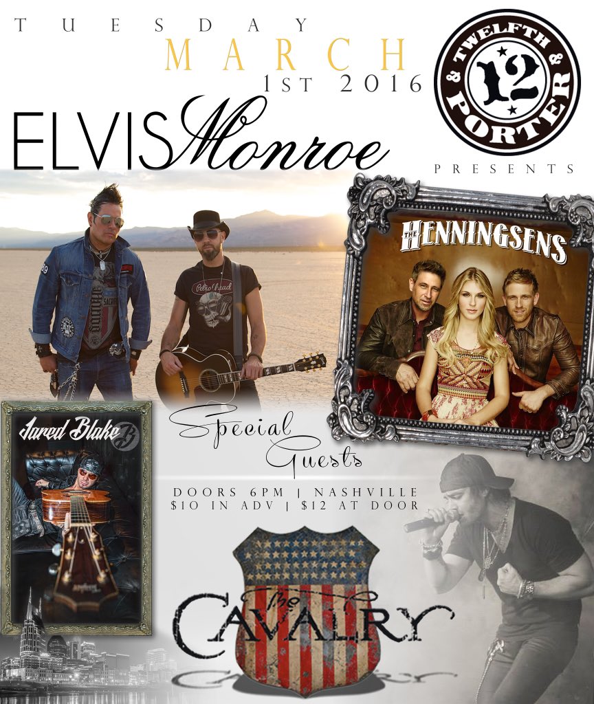ELVISMonroeBand's tweet photo. Who's coming to Nashville? #thehenningsens #jaredblake #thecavalry #nashville #12andporter https://t.co/178jC01WyO