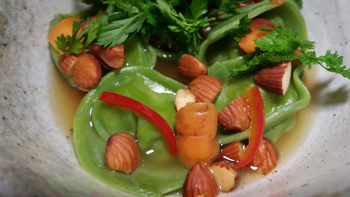 A #colorful dish - these tortellini are made with #carrots tops <a href="/ossodtla/">Osso DTLA</a> &amp; filled with chicken confit &amp; foie Gras