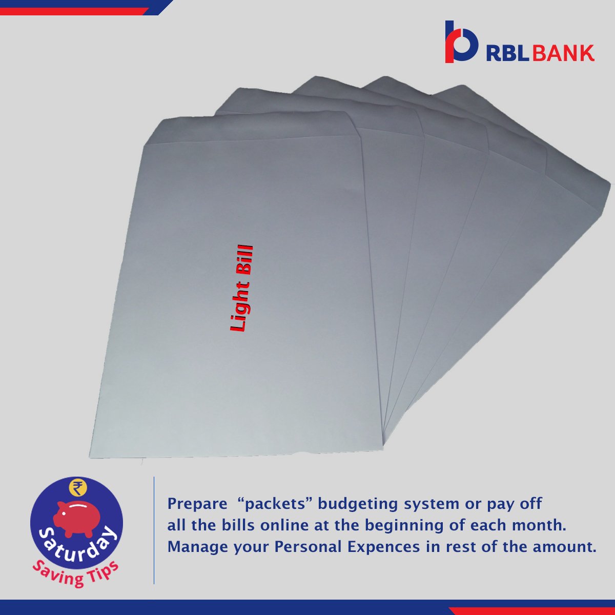 rblbank's tweet photo. #SaturdaySavingTips➟Prepare expenses envelopes at beginning of each month or pay off all the bills online. #SaveMore https://t.co/Z8xtHSFcRz